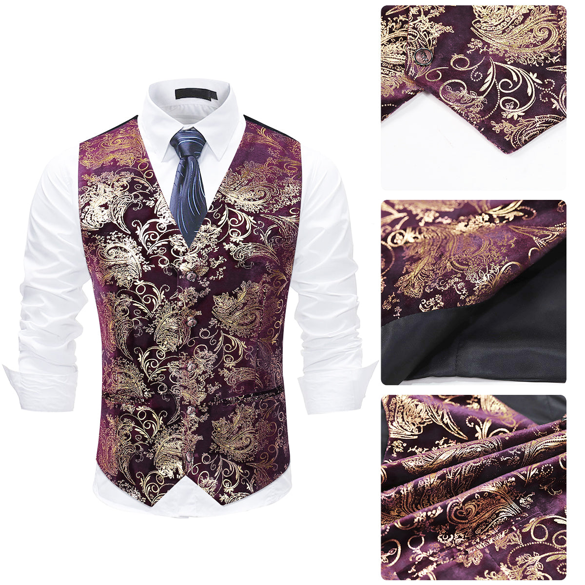 Maroon # Men's slim fit single breasted printed vest with v-neck and 3-button satin collar closure, sleeveless maroon waistcoat with adjustable back belt and fully lined interior, floral print polyester viscose blend vest for business, wedding, prom, banquet and daily wear, isolated on white background.