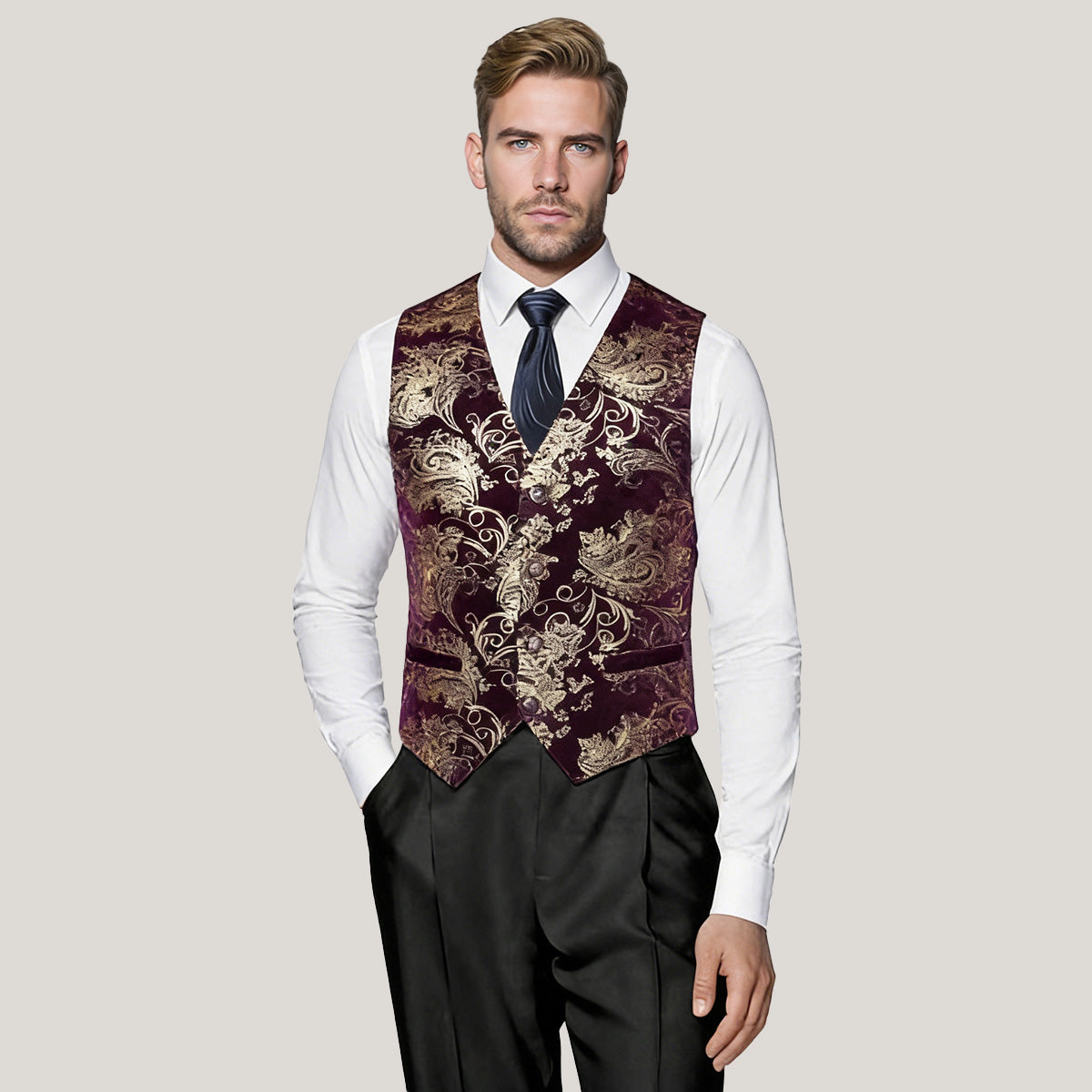 Maroon # Men's slim fit single breasted printed vest with v-neck and 3-button satin collar closure, sleeveless maroon waistcoat with adjustable back belt and fully lined interior, floral print polyester viscose blend vest for business, wedding, prom, banquet and daily wear, isolated on white background.