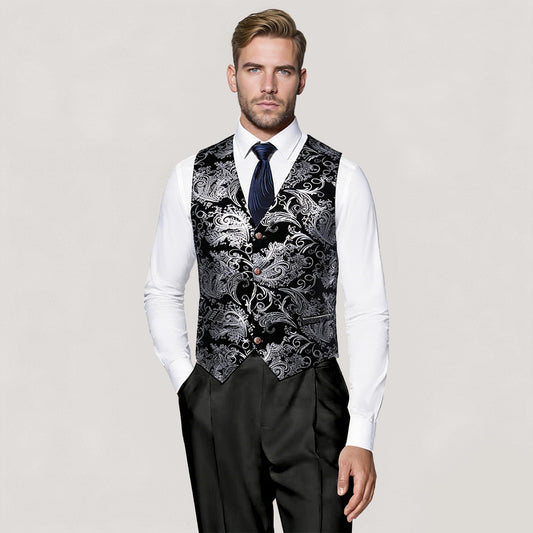 Silver # Men's slim fit single breasted printed vest with v-neck and 3-button satin collar closure, sleeveless silver waistcoat with gold stamping floral print and adjustable back belt, fully lined polyester viscose blend vest for business, wedding, prom, banquet and daily wear, isolated on white background.