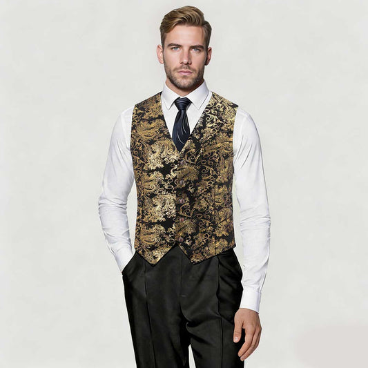 Gold # Men's slim fit single breasted printed vest with v-neck and 3-button closure, sleeveless floral waistcoat with satin turn-down collar and adjustable back belt, fully lined polyester viscose blend formal vest for business, wedding, prom, party and daily wear, isolated on white background.