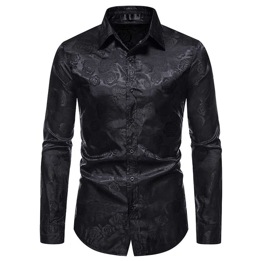 Black # Men's slim fit rose printed fashion casual shirt, long sleeve crew neck with floral pattern, soft and breathable polyester spandex fabric, stylish black print top for party, show, stage, prom, wedding and daily wear, isolated on white background.