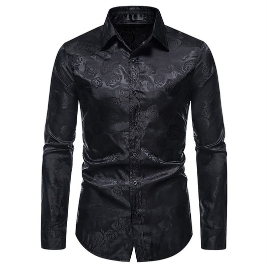 Black # Men's slim fit rose printed fashion casual shirt, long sleeve crew neck with floral pattern, soft and breathable polyester spandex fabric, stylish black print top for party, show, stage, prom, wedding and daily wear, isolated on white background.