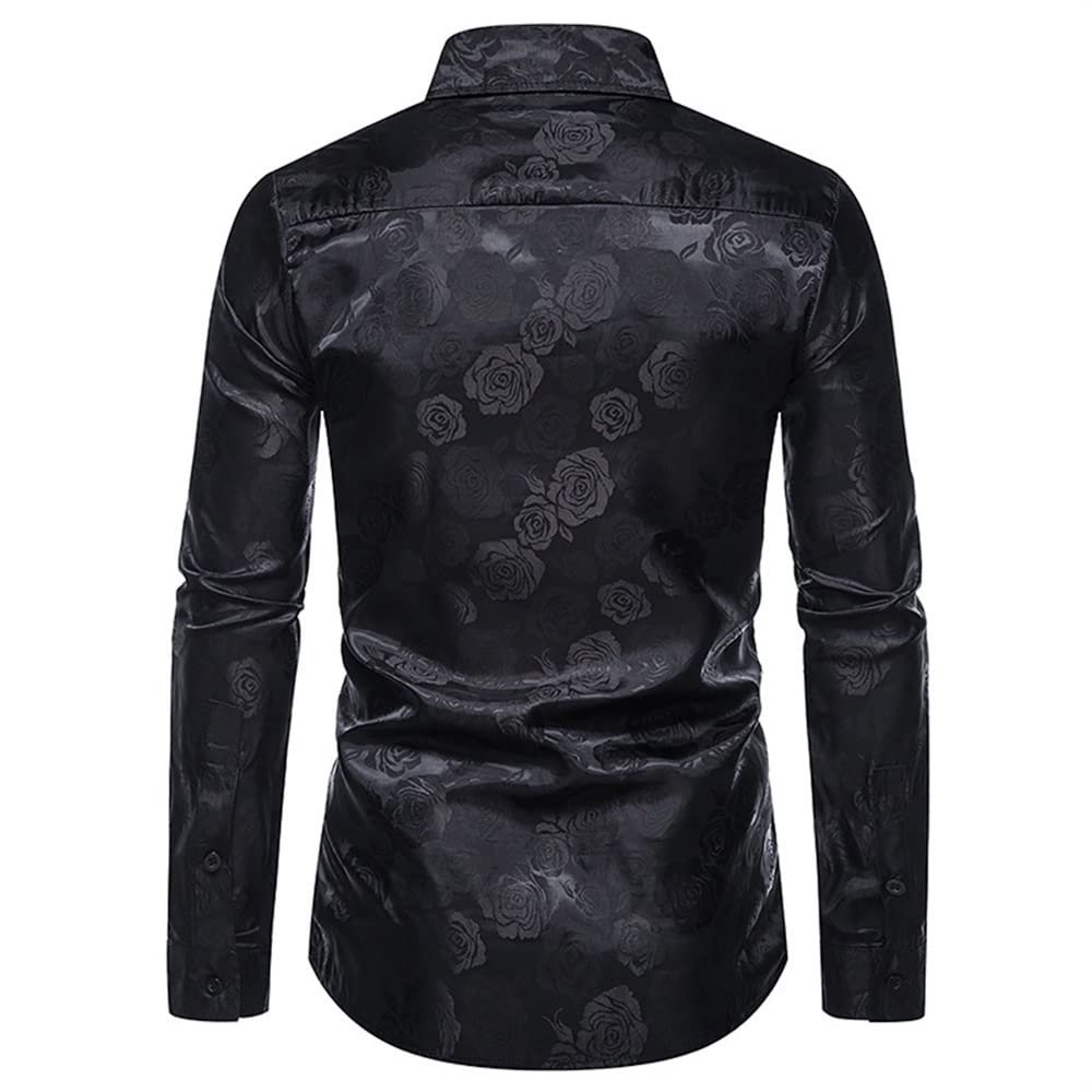 Black # Men's slim fit rose printed fashion casual shirt, long sleeve crew neck with floral pattern, soft and breathable polyester spandex fabric, stylish black print top for party, show, stage, prom, wedding and daily wear, isolated on white background.