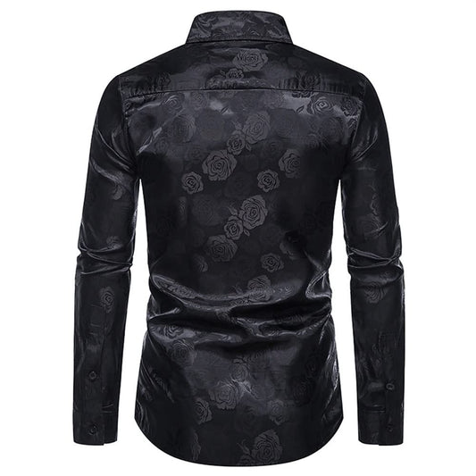 Black # Men's slim fit rose printed fashion casual shirt, long sleeve crew neck with floral pattern, soft and breathable polyester spandex fabric, stylish black print top for party, show, stage, prom, wedding and daily wear, isolated on white background.