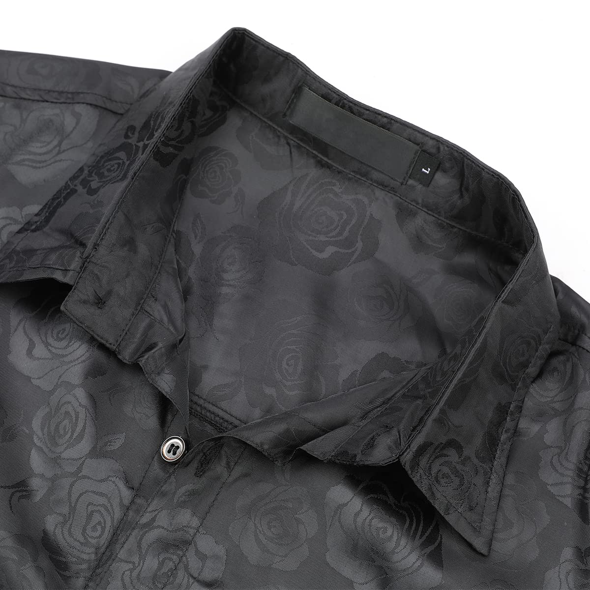 Black # Men's slim fit rose printed fashion casual shirt, long sleeve crew neck with floral pattern, soft and breathable polyester spandex fabric, stylish black print top for party, show, stage, prom, wedding and daily wear, isolated on white background.