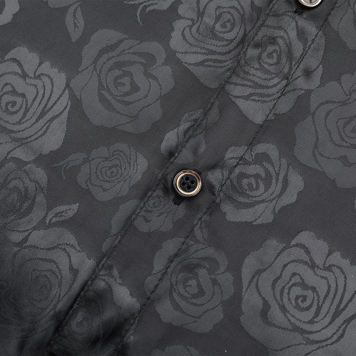 Black # Men's slim fit rose printed fashion casual shirt, long sleeve crew neck with floral pattern, soft and breathable polyester spandex fabric, stylish black print top for party, show, stage, prom, wedding and daily wear, isolated on white background.