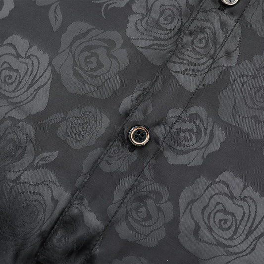 Black # Men's slim fit rose printed fashion casual shirt, long sleeve crew neck with floral pattern, soft and breathable polyester spandex fabric, stylish black print top for party, show, stage, prom, wedding and daily wear, isolated on white background.
