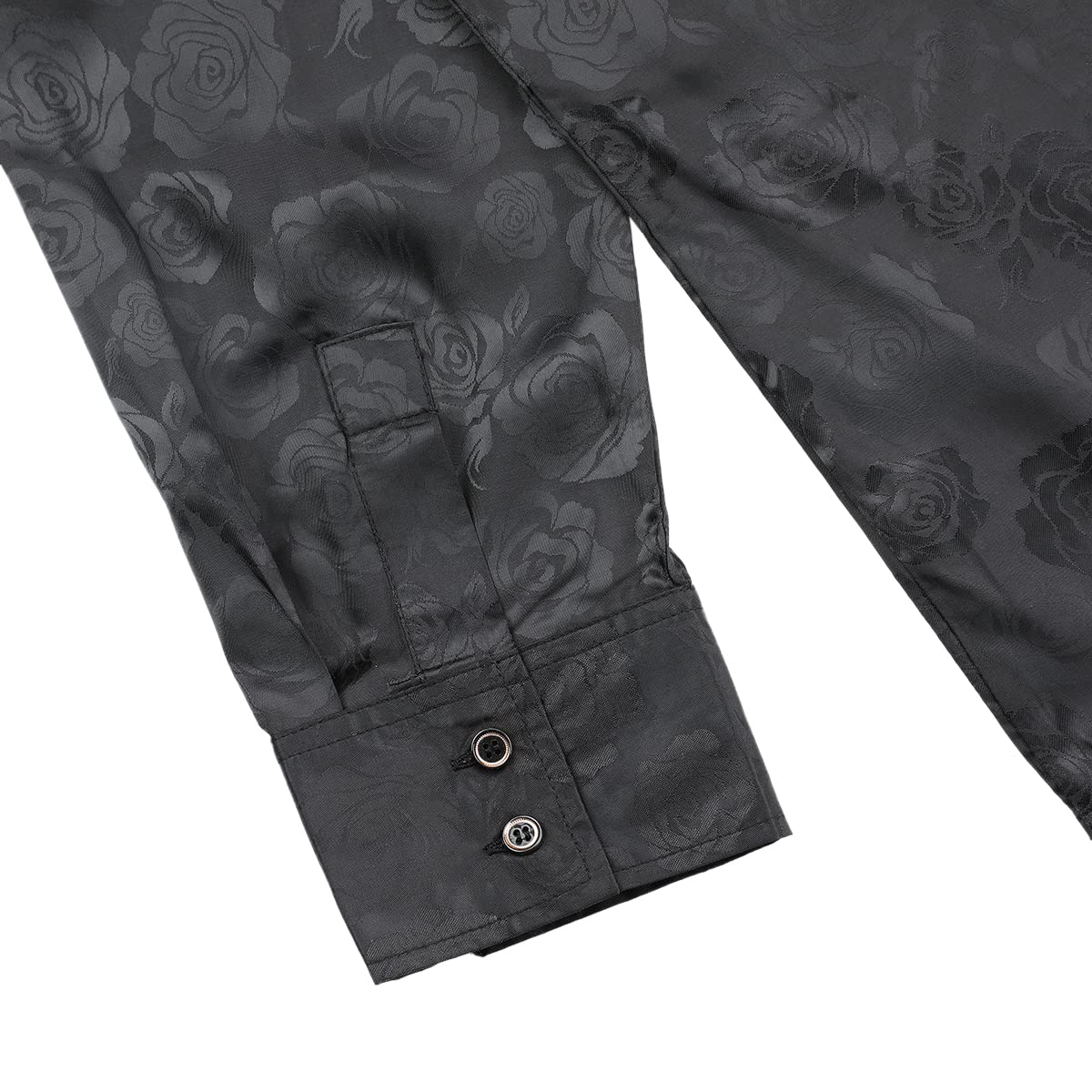 Black # Men's slim fit rose printed fashion casual shirt, long sleeve crew neck with floral pattern, soft and breathable polyester spandex fabric, stylish black print top for party, show, stage, prom, wedding and daily wear, isolated on white background.