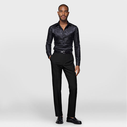 Black # Men's slim fit rose printed fashion casual shirt, long sleeve crew neck with floral pattern, soft and breathable polyester spandex fabric, stylish black print top for party, show, stage, prom, wedding and daily wear, isolated on white background.