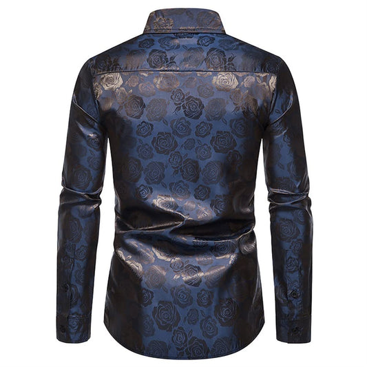 Blue # Men's slim fit rose printed fashion casual shirt, long sleeve crew neck with soft polyester spandex fabric, stylish blue floral top for party, prom, wedding, stage and daily wear, isolated on white background.