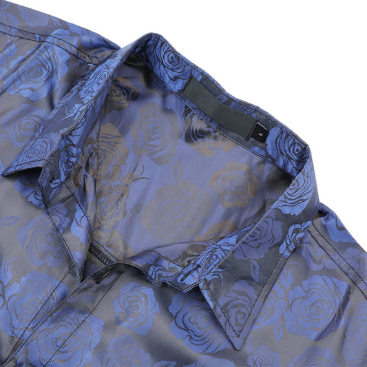 Blue # Men's slim fit rose printed fashion casual shirt, long sleeve crew neck with soft polyester spandex fabric, stylish blue floral top for party, prom, wedding, stage and daily wear, isolated on white background.