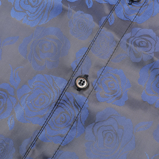 Blue # Men's slim fit rose printed fashion casual shirt, long sleeve crew neck with soft polyester spandex fabric, stylish blue floral top for party, prom, wedding, stage and daily wear, isolated on white background.
