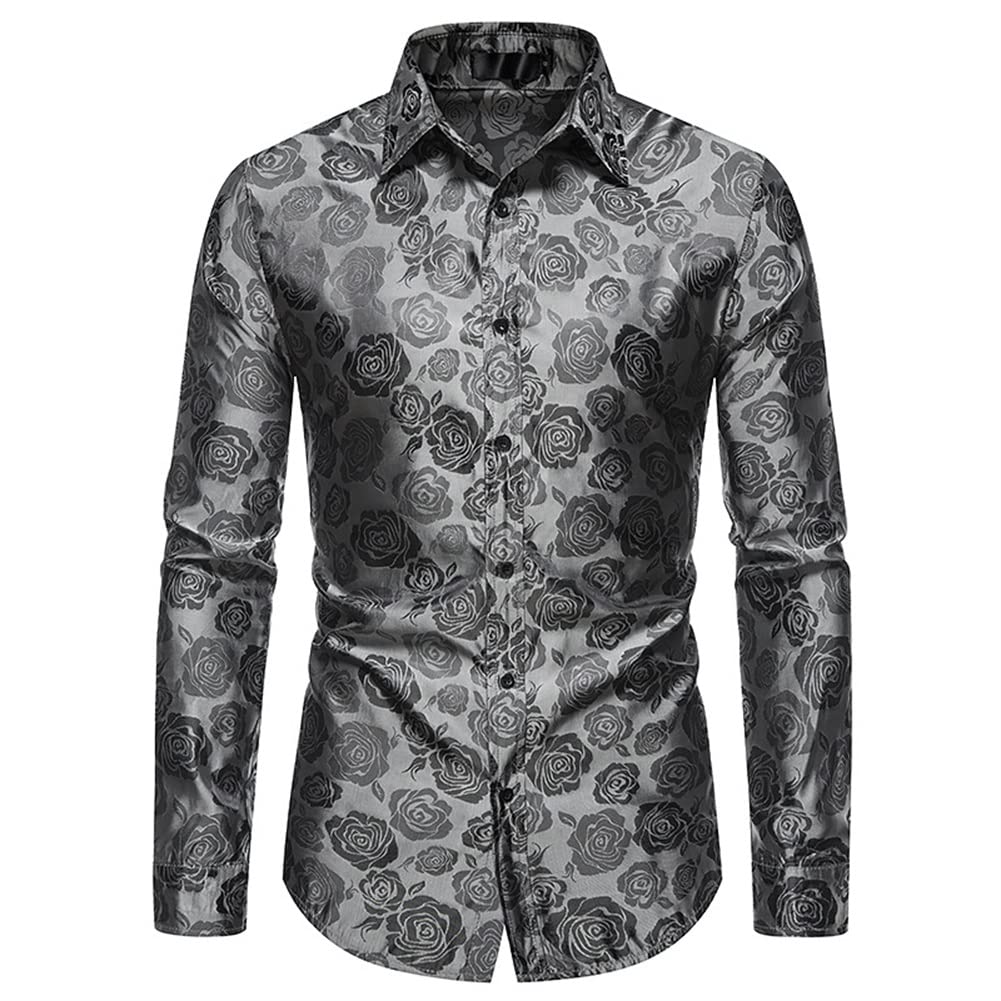 Grey # Men's slim fit rose printed fashion casual shirt with crew neck and long sleeves, grey polyester spandex top with elegant rose pattern for party, stage, prom, wedding and daily wear, isolated on white background.
