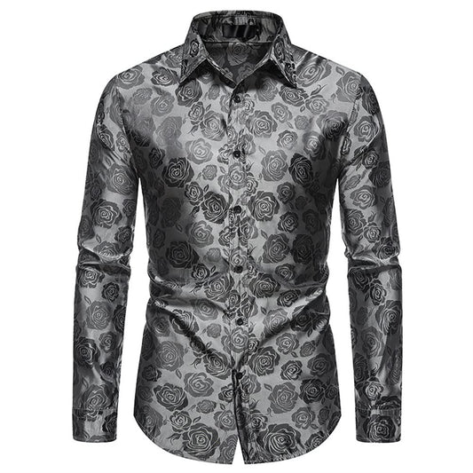 Grey # Men's slim fit rose printed fashion casual shirt with crew neck and long sleeves, grey polyester spandex top with elegant rose pattern for party, stage, prom, wedding and daily wear, isolated on white background.