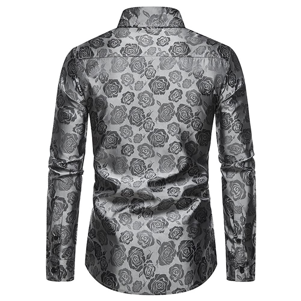 Grey # Men's slim fit rose printed fashion casual shirt with crew neck and long sleeves, grey polyester spandex top with elegant rose pattern for party, stage, prom, wedding and daily wear, isolated on white background.