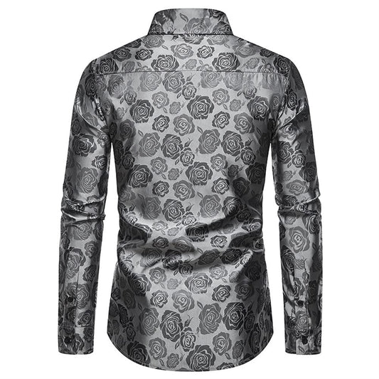 Grey # Men's slim fit rose printed fashion casual shirt with crew neck and long sleeves, grey polyester spandex top with elegant rose pattern for party, stage, prom, wedding and daily wear, isolated on white background.
