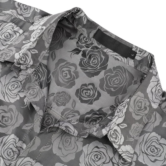 Grey # Men's slim fit rose printed fashion casual shirt with crew neck and long sleeves, grey polyester spandex top with elegant rose pattern for party, stage, prom, wedding and daily wear, isolated on white background.