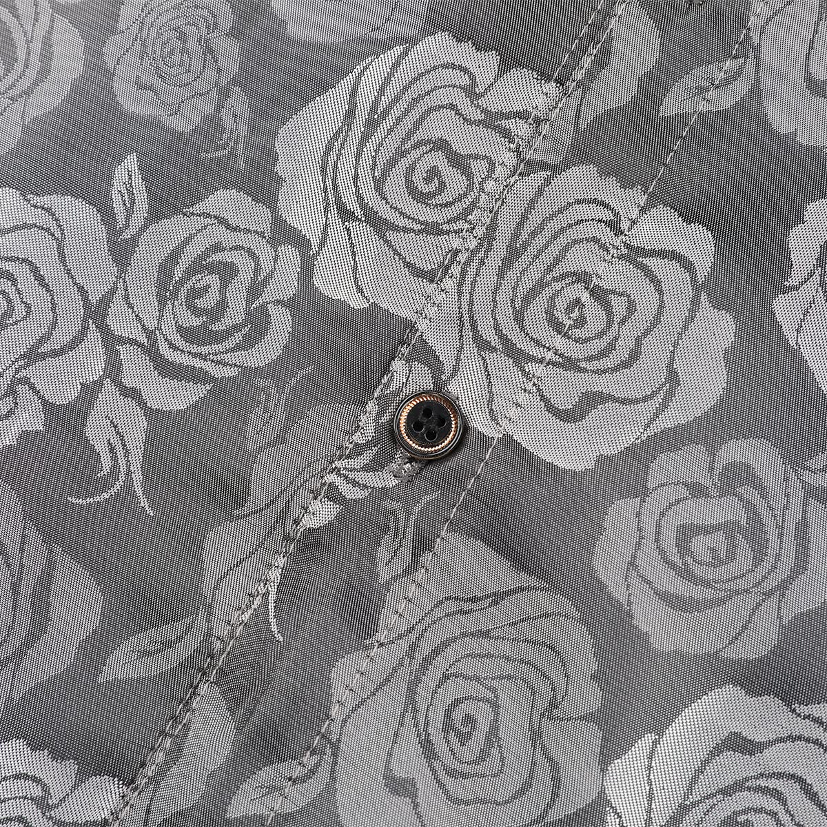 Grey # Men's slim fit rose printed fashion casual shirt with crew neck and long sleeves, grey polyester spandex top with elegant rose pattern for party, stage, prom, wedding and daily wear, isolated on white background.