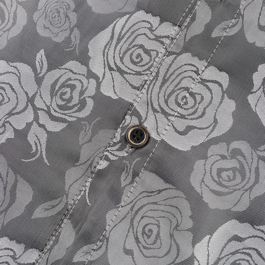 Grey # Men's slim fit rose printed fashion casual shirt with crew neck and long sleeves, grey polyester spandex top with elegant rose pattern for party, stage, prom, wedding and daily wear, isolated on white background.