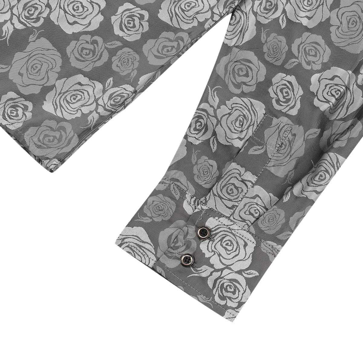 Grey # Men's slim fit rose printed fashion casual shirt with crew neck and long sleeves, grey polyester spandex top with elegant rose pattern for party, stage, prom, wedding and daily wear, isolated on white background.