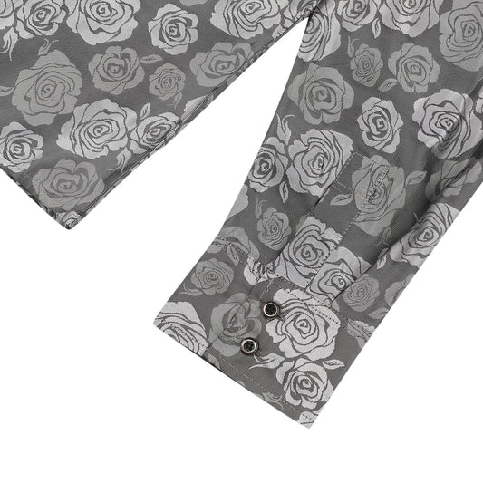 Grey # Men's slim fit rose printed fashion casual shirt with crew neck and long sleeves, grey polyester spandex top with elegant rose pattern for party, stage, prom, wedding and daily wear, isolated on white background.