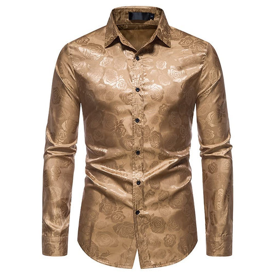 Khaki # Men's slim fit rose printed fashion casual shirt with crew neck and long sleeves, soft polyester spandex blend top with elegant floral pattern for party, show, stage, prom, wedding and daily wear, isolated on white background.