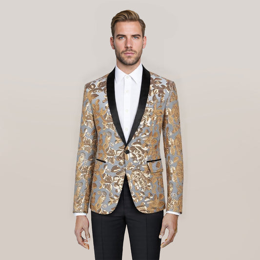 Gold # Men's slim fit sequin blazer with shawl collar and single-breasted button closure, gold sparkle dance party jacket with no vent and fully lined interior, shining sequin decoration for stage performance, prom, wedding and special occasions, isolated on white background.