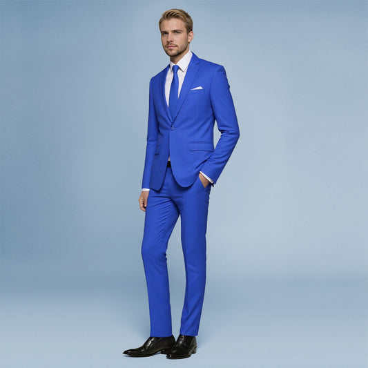 Blue # Men's slim fit 2-piece blue suit with peaked lapel and flat front pants, classic business formal wear for office, wedding, and daily casual occasions, isolated on white background.