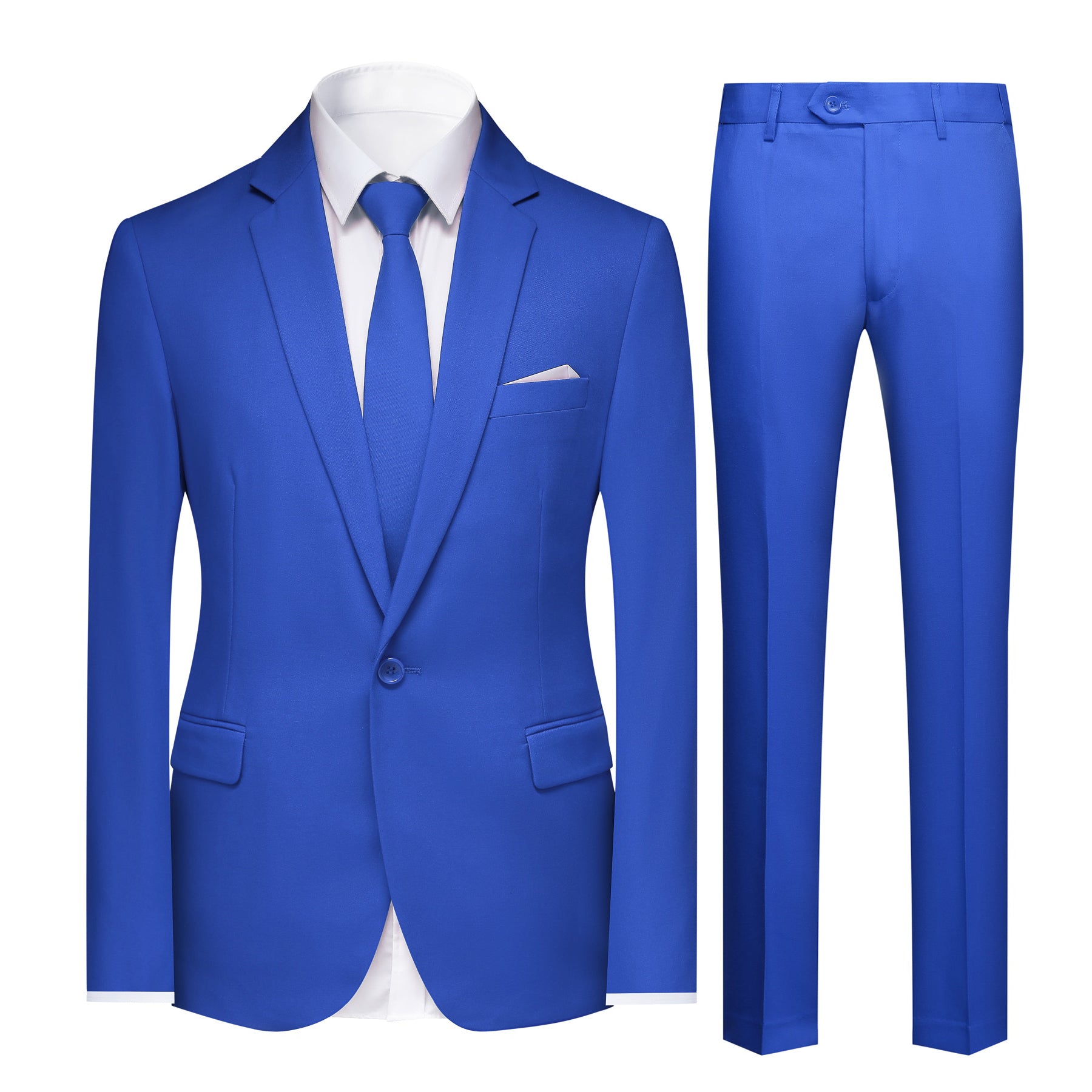 Blue # Men's slim fit 2-piece blue suit with peaked lapel and flat front pants, classic business formal wear for office, wedding, and daily casual occasions, isolated on white background.