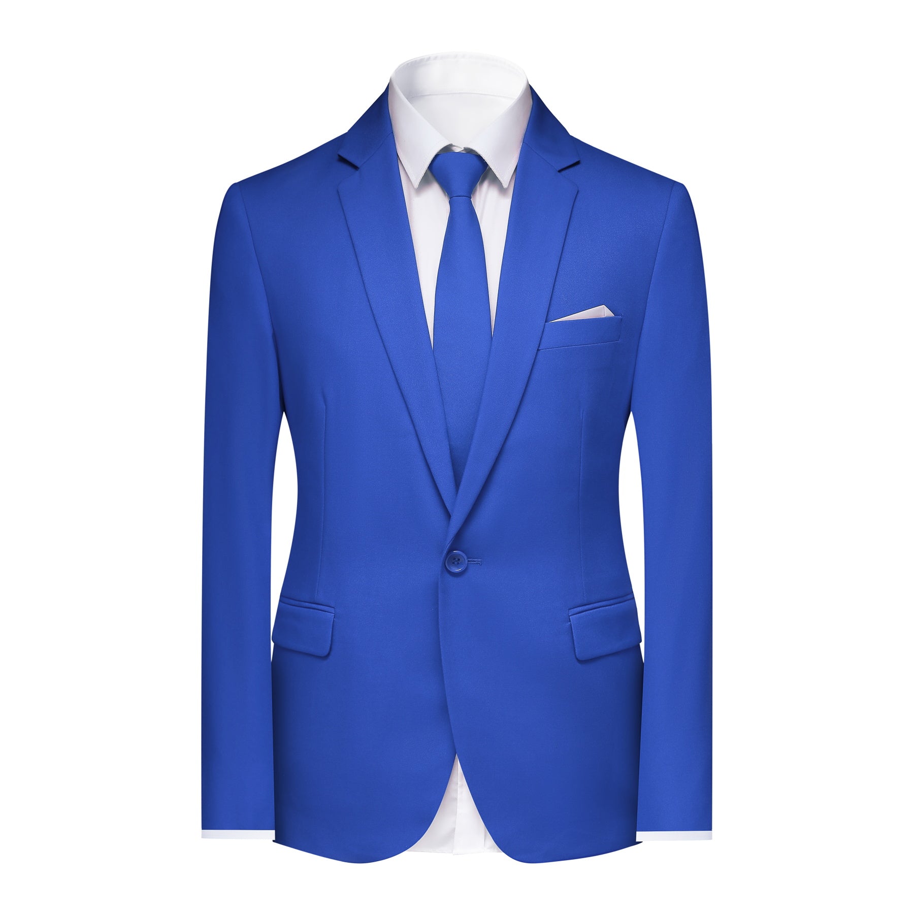Blue # Men's slim fit 2-piece blue suit with peaked lapel and flat front pants, classic business formal wear for office, wedding, and daily casual occasions, isolated on white background.
