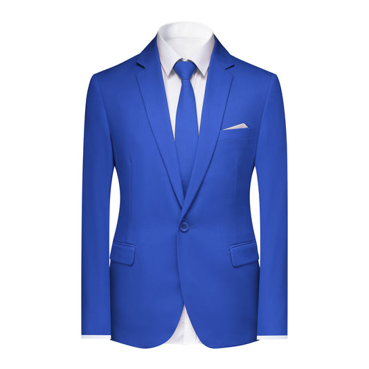Blue # Men's slim fit 2-piece blue suit with peaked lapel and flat front pants, classic business formal wear for office, wedding, and daily casual occasions, isolated on white background.