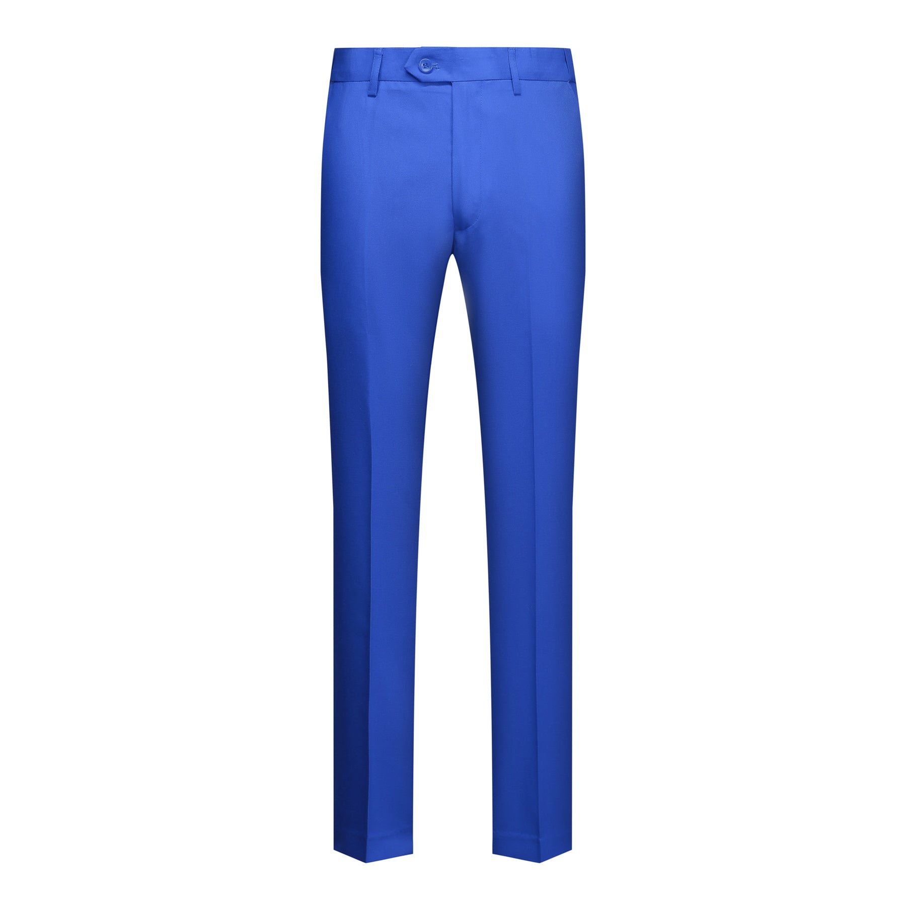 Blue # Men's slim fit 2-piece blue suit with peaked lapel and flat front pants, classic business formal wear for office, wedding, and daily casual occasions, isolated on white background.
