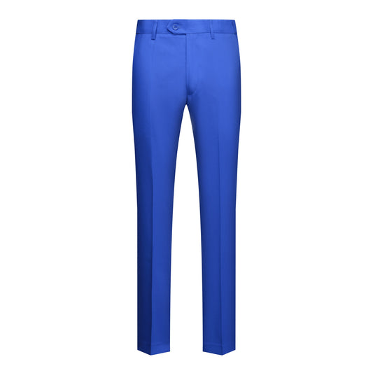 Blue # Men's slim fit 2-piece blue suit with peaked lapel and flat front pants, classic business formal wear for office, wedding, and daily casual occasions, isolated on white background.