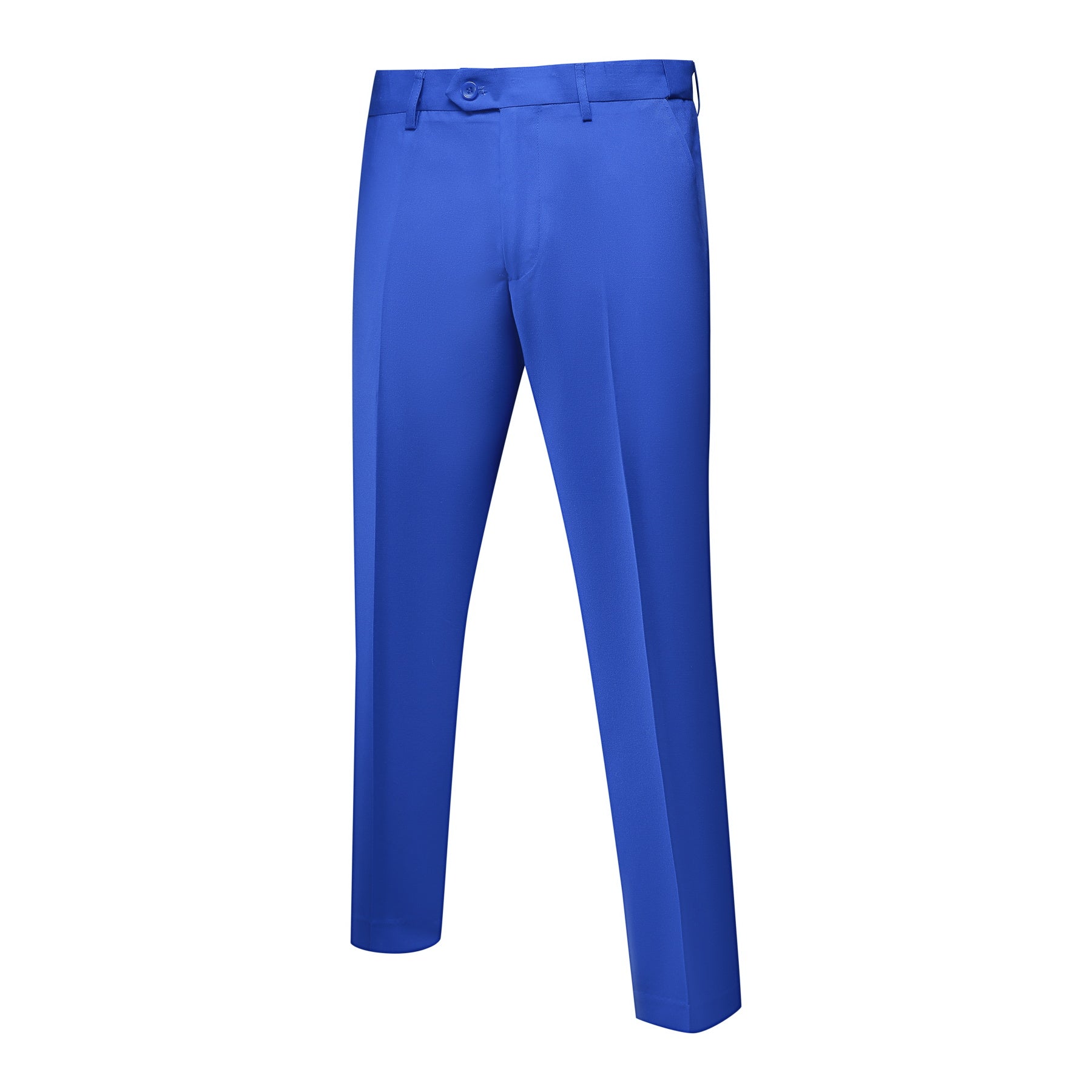 Blue # Men's slim fit 2-piece blue suit with peaked lapel and flat front pants, classic business formal wear for office, wedding, and daily casual occasions, isolated on white background.
