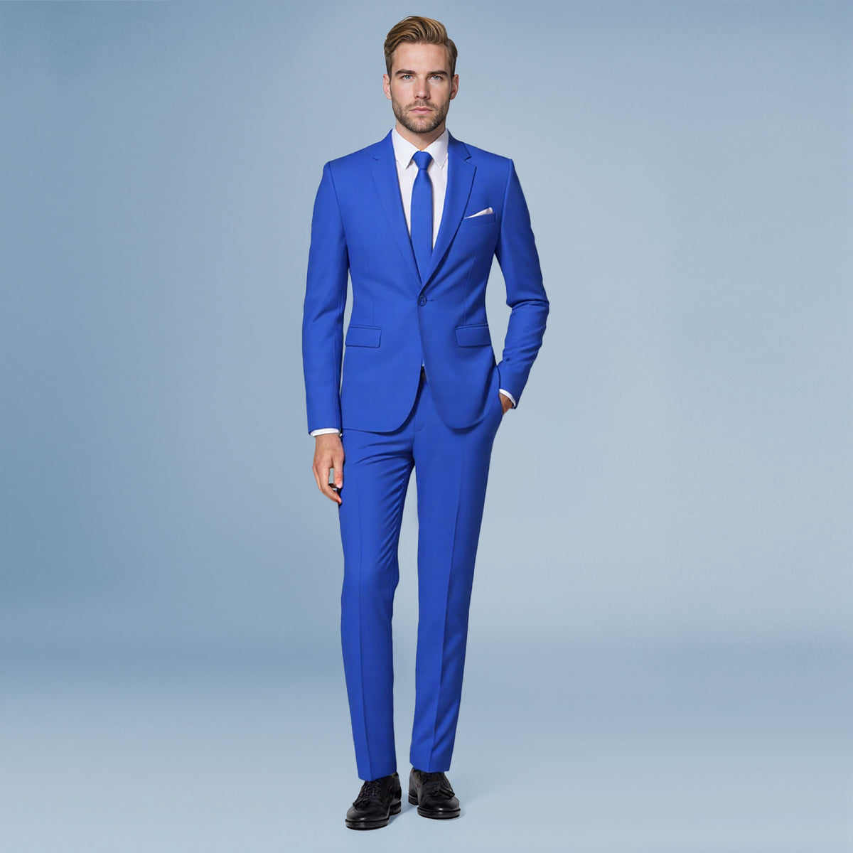 Blue # Men's slim fit 2-piece blue suit with peaked lapel and flat front pants, classic business formal wear for office, wedding, and daily casual occasions, isolated on white background.