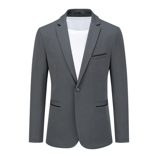 Light Grey # Men's one-button slim fit sport coat with notched lapel and single-breasted closure, lightweight grey business blazer with 4-button cuffs and multiple pockets for office, daily wear, wedding and party, isolated on white background.