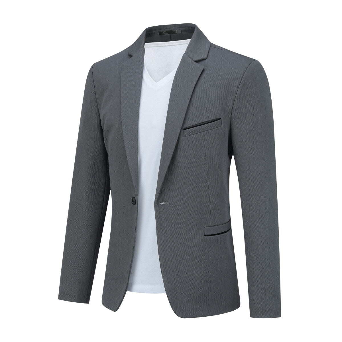 Light Grey # Men's one-button slim fit sport coat with notched lapel and single-breasted closure, lightweight grey business blazer with 4-button cuffs and multiple pockets for office, daily wear, wedding and party, isolated on white background.