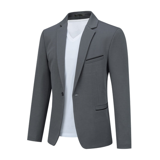Light Grey # Men's one-button slim fit sport coat with notched lapel and single-breasted closure, lightweight grey business blazer with 4-button cuffs and multiple pockets for office, daily wear, wedding and party, isolated on white background.