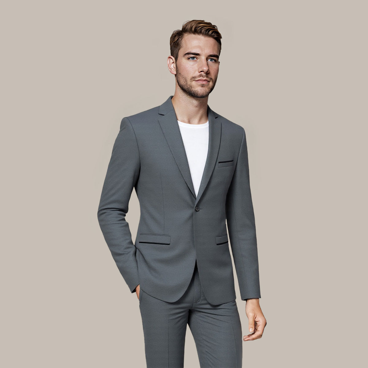 Light Grey # Men's one-button slim fit sport coat with notched lapel and single-breasted closure, lightweight grey business blazer with 4-button cuffs and multiple pockets for office, daily wear, wedding and party, isolated on white background.