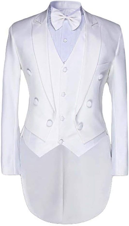 White # Men's slim fit 3-piece swallowtailed dinner suit with classic lapel and single-breasted button closure, white formal tailcoat blazer with matching vest and flat-front trousers featuring rustproof zipper, wrinkle-resistant polyester viscose blend suit for wedding, prom, banquet and formal parties, isolated on white background.