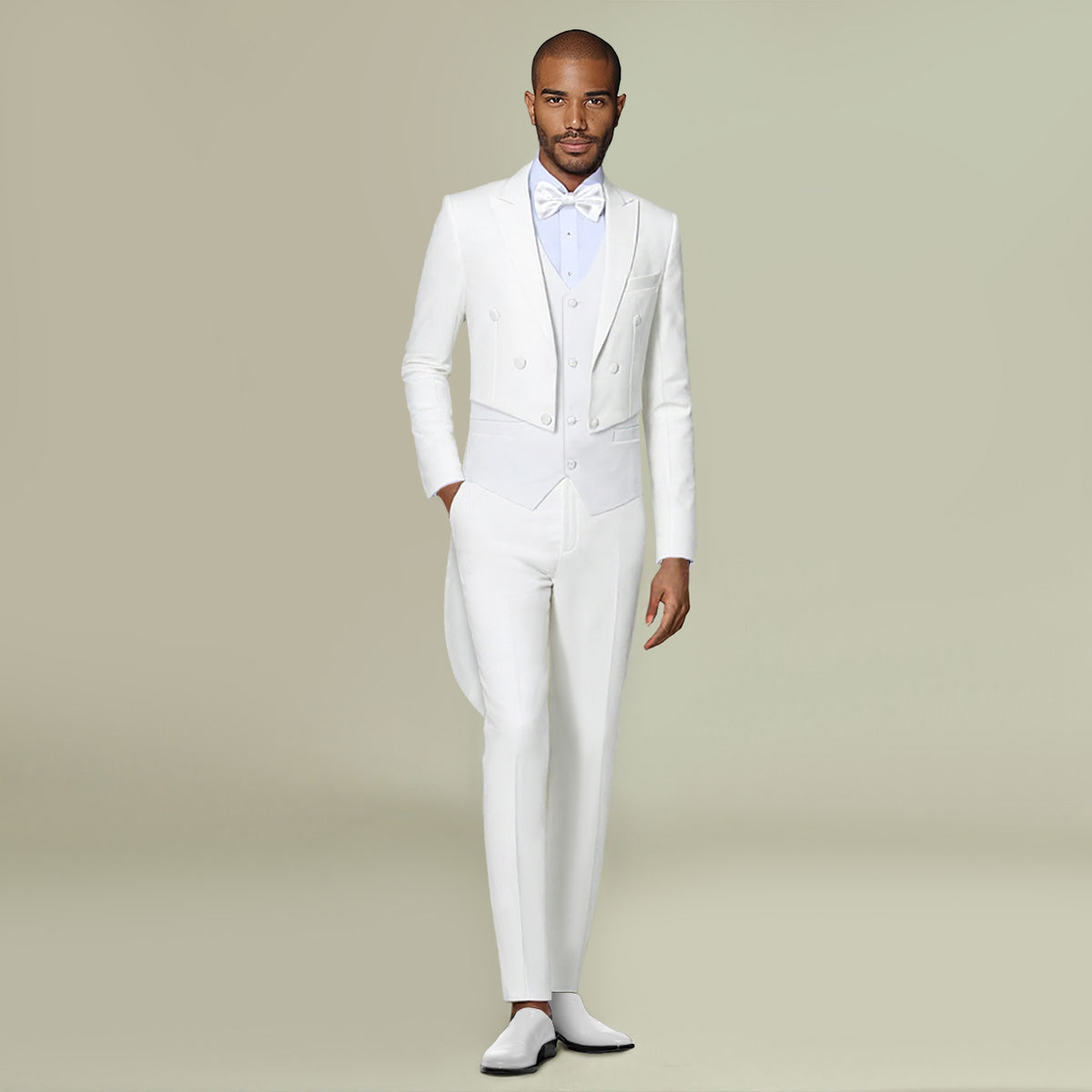 White # Men's slim fit 3-piece swallowtailed dinner suit with classic lapel and single-breasted button closure, white formal tailcoat blazer with matching vest and flat-front trousers featuring rustproof zipper, wrinkle-resistant polyester viscose blend suit for wedding, prom, banquet and formal parties, isolated on white background.