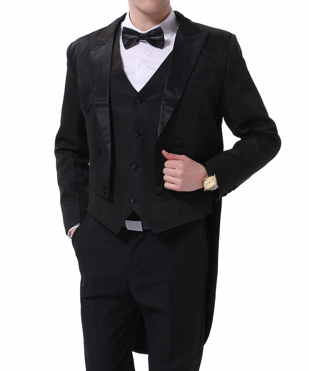 Black # Men's slim fit 3-piece swallowtailed dinner suit with classic lapel and button closure, black formal tailcoat blazer jacket with matching vest and flat-front trousers with rustproof zipper, premium polyester viscose blend suit for wedding, prom, party, banquet and holiday occasions, isolated on white background.