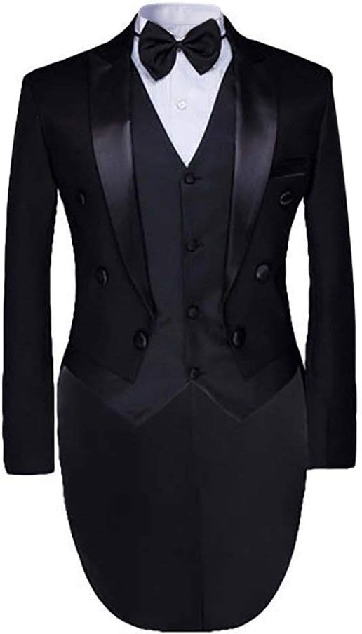 Black # Men's slim fit 3-piece swallowtailed dinner suit with classic lapel and button closure, black formal tailcoat blazer jacket with matching vest and flat-front trousers with rustproof zipper, premium polyester viscose blend suit for wedding, prom, party, banquet and holiday occasions, isolated on white background.