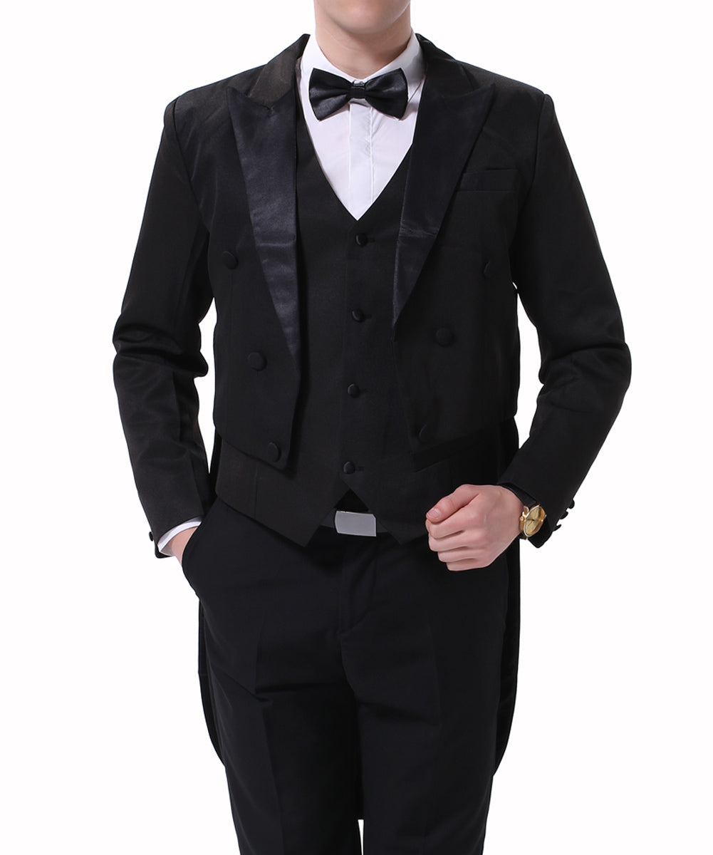 Black # Men's slim fit 3-piece swallowtailed dinner suit with classic lapel and button closure, black formal tailcoat blazer jacket with matching vest and flat-front trousers with rustproof zipper, premium polyester viscose blend suit for wedding, prom, party, banquet and holiday occasions, isolated on white background.