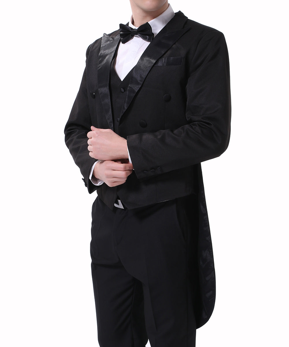Black # Men's slim fit 3-piece swallowtailed dinner suit with classic lapel and button closure, black formal tailcoat blazer jacket with matching vest and flat-front trousers with rustproof zipper, premium polyester viscose blend suit for wedding, prom, party, banquet and holiday occasions, isolated on white background.