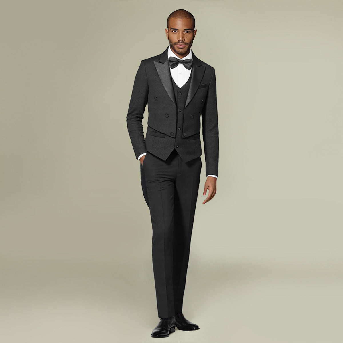 Black # Men's slim fit 3-piece swallowtailed dinner suit with classic lapel and button closure, black formal tailcoat blazer jacket with matching vest and flat-front trousers with rustproof zipper, premium polyester viscose blend suit for wedding, prom, party, banquet and holiday occasions, isolated on white background.
