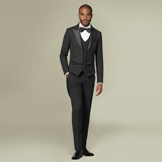 Black # Men's slim fit 3-piece swallowtailed dinner suit with classic lapel and button closure, black formal tailcoat blazer jacket with matching vest and flat-front trousers with rustproof zipper, premium polyester viscose blend suit for wedding, prom, party, banquet and holiday occasions, isolated on white background.