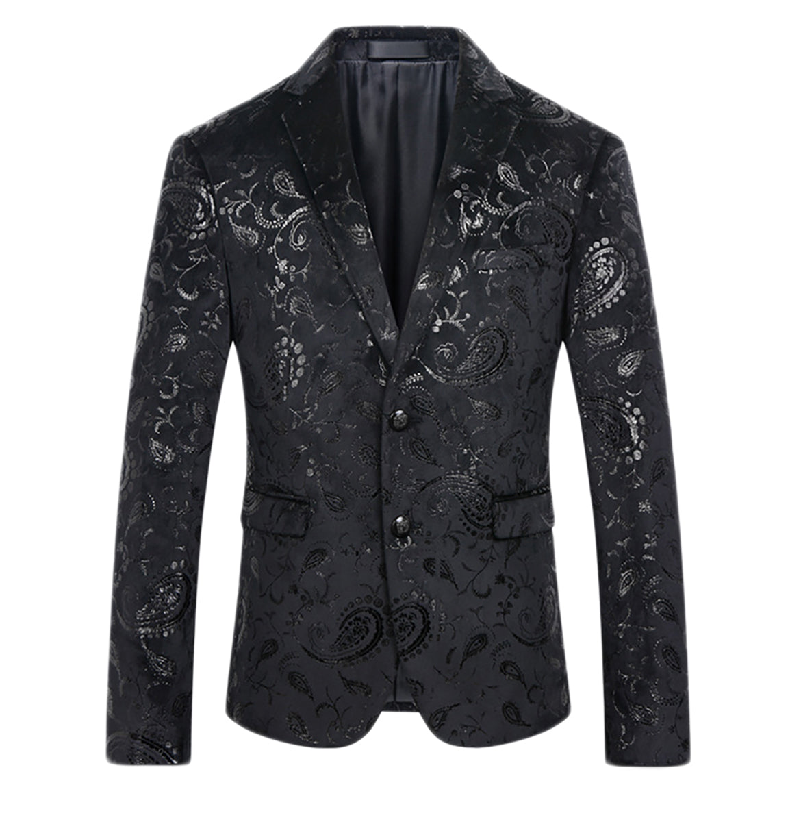 Black # Men's single-breasted floral blazer with notched lapel and center vent, black dress sport coat featuring hot stamping floral print for party, prom, banquet, show and special occasions, isolated on white background.
