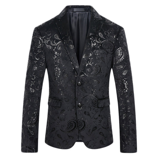 Black # Men's single-breasted floral blazer with notched lapel and center vent, black dress sport coat featuring hot stamping floral print for party, prom, banquet, show and special occasions, isolated on white background.