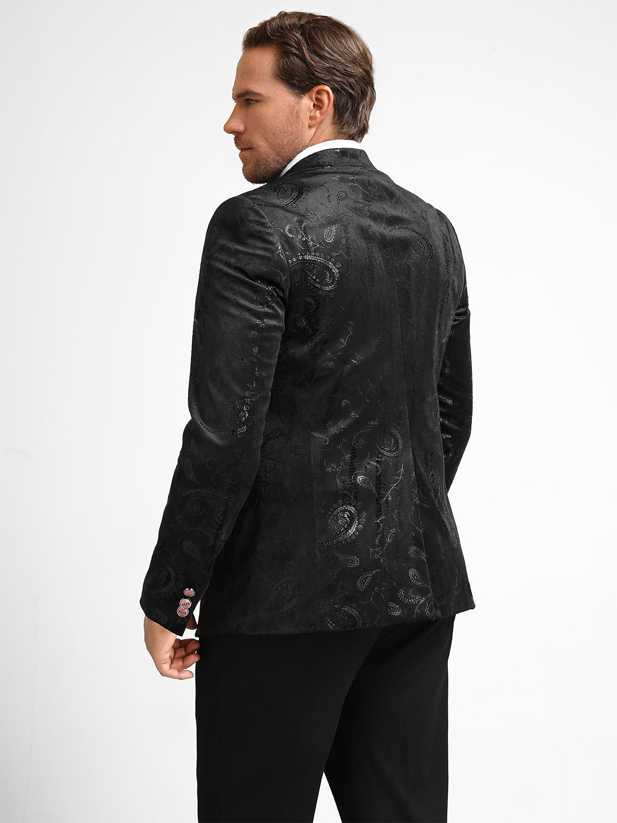 Black # Men's single-breasted floral blazer with notched lapel and center vent, black dress sport coat featuring hot stamping floral print for party, prom, banquet, show and special occasions, isolated on white background.
